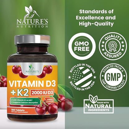 Vitamin D 2000 IU 50mcg Per Tablet - Vitamins D3 & K2 (MK7) Complex Supplement for Bone, Teeth, Muscle, Calcium Absorption, Supports Immune & Heart Health, Chewable Formula USA Bottled - 180 Tablets
