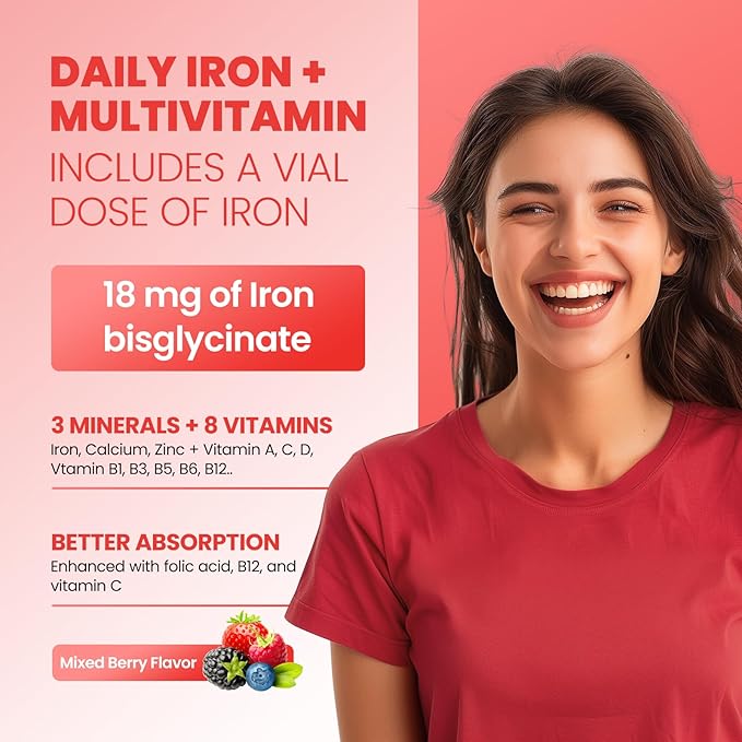 Iron Gummies for Women & Men - Iron Supplement with Multivitamin for Adults & Kids - Support Blood Builder, Energy, Iron Deficiency & Anemia - Sugar Free Iron Gummies Mixed Berry Flavor 60 ct