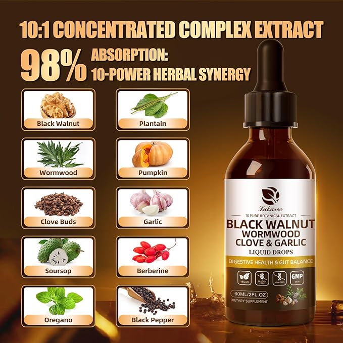 Lukaree Wormwood Black Walnut Clove Cleanse for Humans Tincture – Rapid Gut Detox & Digestive Health with Garlic Pumpkin Seeds Soursop Oregano, 10:1 Ultra-Concentrated Liposomal Tech 98% Absorption
