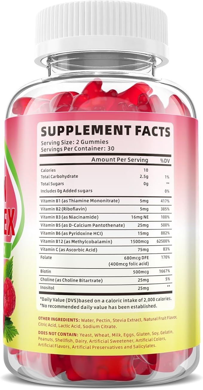 Vitamin B Complex Gummies for Women & Men - Vitamin B12, B1, B2, B3, B5, B6, B-Complex Vitamin Supplements for Energy & Immune Support, Sugar-Free/Vegan/Gluten-Free, Raspberry Flavor 60 Count