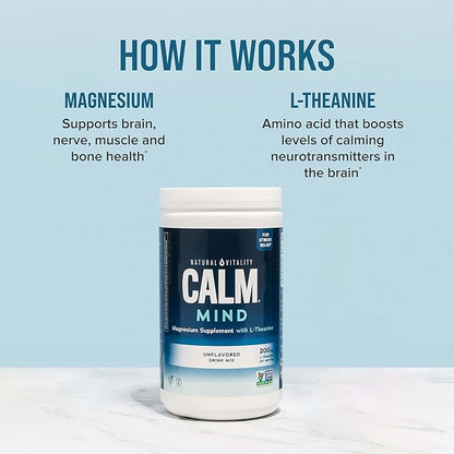 Natural Vitality Calm Mind, Magnesium Citrate + L-Theanine Powder, Supplement for Stress Relief, Gluten Free & Vegetarian, Unflavored, 12 oz.
