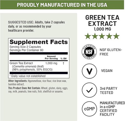 NatureWise Green Tea Extract Capsules 1000 mg - 50% EGCG & 98% Polyphenols - Extra Strength Green Tea Pills - Antioxidants for Heart Health & Energy - Vegan, Non-GMO - 120 Count[60-Day Supply]