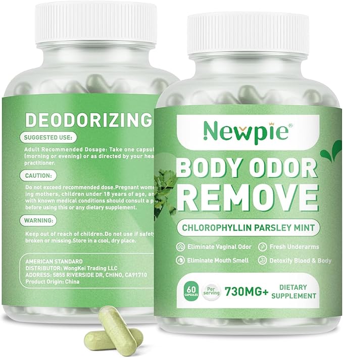 Newpie Body Deodorizing Supplement, Chlorophyll Capsules for Skin Body Odor, Fresh Breath & Gut Odor Control for Men & Women | Vegan with Parsley Leaf Green Tea, Gluten Free, 60 Capsules (1)