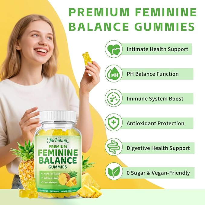 Premium Feminine Balance Gummies for Women pH Balance Support & Immune Health, Sugar Free, Non-GMO, Vegan, Gluten-Free - 60 Pineapple Gummies, 30 Servings