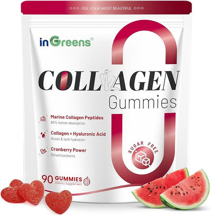 inGreens Collagen Peptides Gummies for Women - 5000mg Hydrolyzed Marine Collagen, Sugar Free with Type I,II,III & Biotin, 90 Count