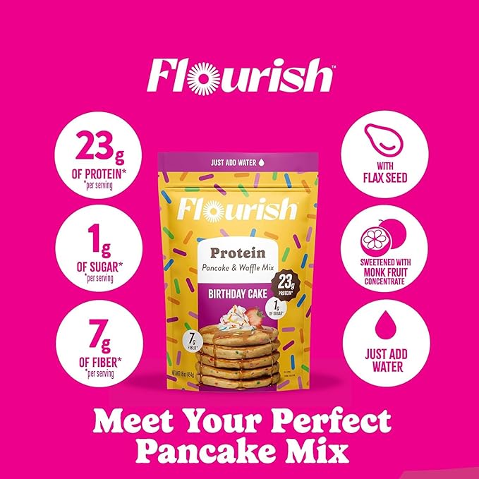 Flourish Protein Pancake & Waffle Mix, with Whey Protein & Flax Seed, No Added Sugar, High in Protein & Fiber - Just Add Water - Birthday Cake Flavour 16oz (2 pack)