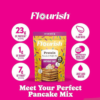 Flourish Protein Pancake & Waffle Mix, with Whey Protein & Flax Seed, No Added Sugar, High in Protein & Fiber - Just Add Water - Birthday Cake Flavour 16oz (2 pack)