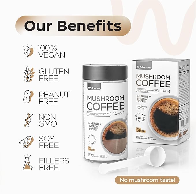 Mushroom Coffee - French Roast Style Instant Coffee + Lion’s Mane 900mg for Focus + Reishi, Chaga & Turkey Tail - 10-in-1 Mushrooms Fruiting Body Adaptogen Blend, Sugar Free, 35 Servings