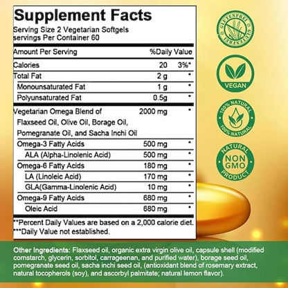 High-Potency Omega 3-6-9, 100% Vegan Sourced Natural Supplement for Heart and Joint Health, 2 Month Supply, 120 Softgels