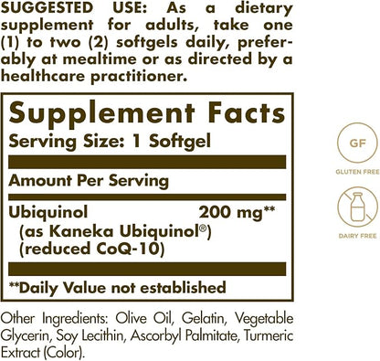 Solgar Ubiquinol 200 mg (Reduced CoQ-10), 30 Softgels - Promotes Heart & Brain Function - Supports Healthy Aging - Coenzyme Q10 - Ubiquinone Supplement - Gluten Free, Dairy Free - 30 Servings