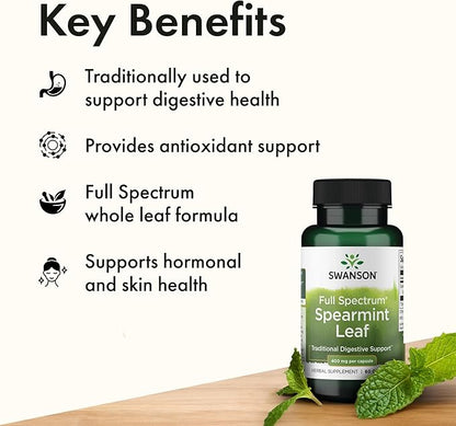Swanson Spearmint Leaf Full Spectrum Digestive Supplement for Digestive-Comfort-Seeking Adults - 400 mg Mentha Spicata (60 Capsules, 3 Pack)