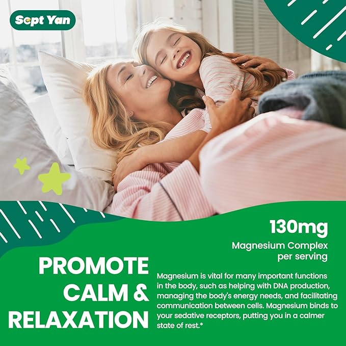 Kids Magnesium Gummies, Magnesium Glycinate Gummies for Kids & Adults with Citrate, L-Theanine, Chamomile, Vitamin B6 for Sleep, Relaxation, Brain & Muscle, Sugar Free Apple & Kiwi Flavor 60ct