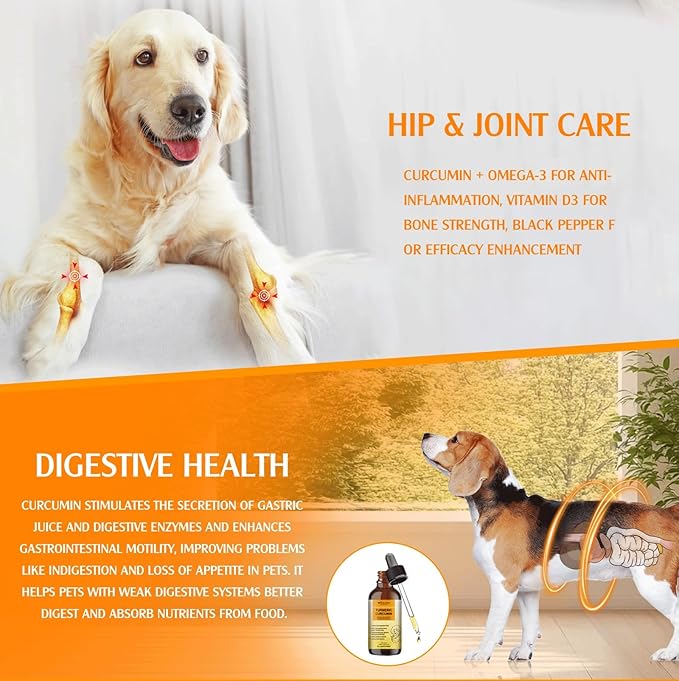 Turmeric Curcumin Drops for Dog & Senior Dogs: Anti-inflammatory Pain Relief, Eliminates Joint Pain, Improve Joint Mobility,Brain, Liver, Bone, Muscle, Skin&Coat - Liquid Absorb Better
