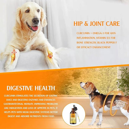 Turmeric Curcumin Drops for Dog & Senior Dogs: Anti-inflammatory Pain Relief, Eliminates Joint Pain, Improve Joint Mobility,Brain, Liver, Bone, Muscle, Skin&Coat - Liquid Absorb Better
