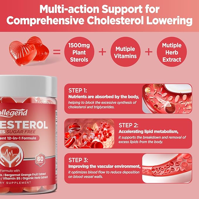 Cholesterol Gummies Sugar-Free,12-in-1 Cholesterol Supplements with Plant Sterols,Citrus Bergamot,CoQ10 and Vitamins for Cholesterol Health, Vegan, Mixed Berry Flavor, 60 Counts