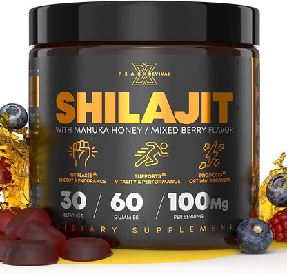 Peak Revival Shilajit Gummies with Manuka Honey - Promotes Optimal Recovery, Increases Energy & Endurance, Mixed Berry Flavor, 100mg per Serving, 60 Count (30 Servings)