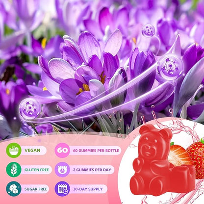 Saffron Gummies for Adult Kids, 10-IN-1 Formula with Saffron 88.5mg, Vitamins D3 & B6, Magnesium, Zinc, Ashwagandha, L-Theanine, St. John's Wort - Supports Mood & Focus, Strawberry Flavor, 60 Count