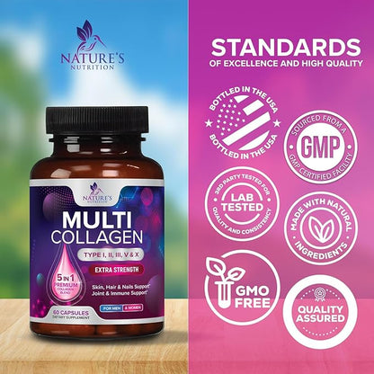 Multi Collagen Pills 2400 mg Per Serving - Advanced Types I, II, III, V, X - Hydrolyzed Multi Collagen Peptides Pills Supplement for Women & Men - Hair, Skin, & Nail Support Supplements - 60 Capsules