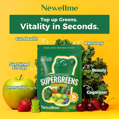 NEWELLME Daily Super Greens Gummies - 6g Fiber per Serving - Sugar-Free, Vegan & Gluten-Free - Essential Multivitamin with Probiotics for Digestive Health, Energy & Immunity - 14 Grab-and-Go Packs