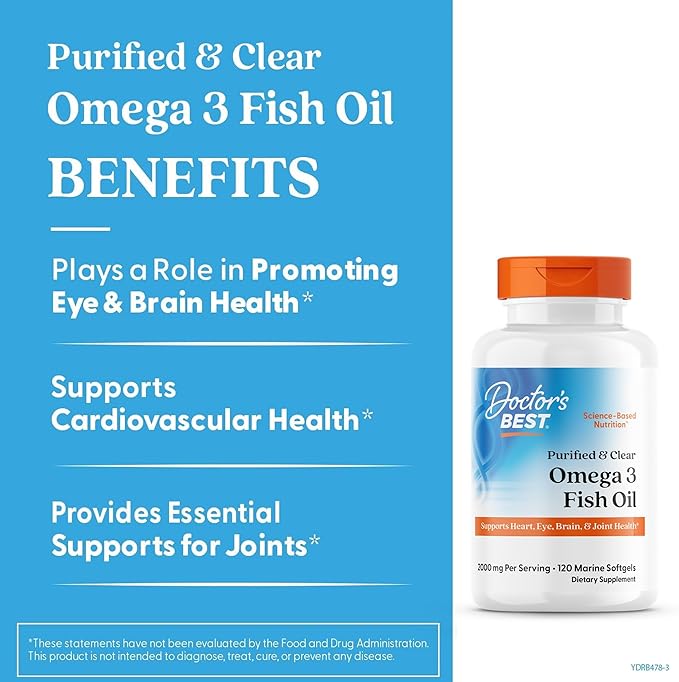 Doctor's Best Omega 3 Fish Oil Supplement for Women & Men - Source of DHA, EPA, & Omega-3 Fatty Acids, Purified, High 2000 mg Potency, Heart Health Support, Non-GMO, Gluten Free - 120 Marine Softgels