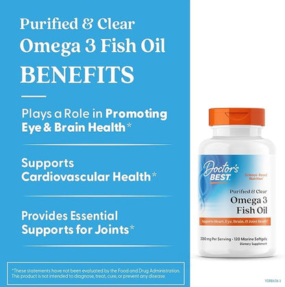 Doctor's Best Omega 3 Fish Oil Supplement for Women & Men - Source of DHA, EPA, & Omega-3 Fatty Acids, Purified, High 2000 mg Potency, Heart Health Support, Non-GMO, Gluten Free - 120 Marine Softgels