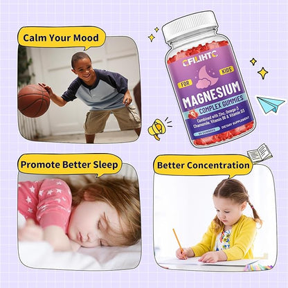 Kids Magnesium Gummies-Magnesium Glycinate Gummies for Kids Supplement-w/Zinc, Chamomile, Omega-3, Vitamin B6, D3 - for Sleep, Relaxation, Brain, Bones, Children's Calm, Sugar Free, 2 Pack Strawberry