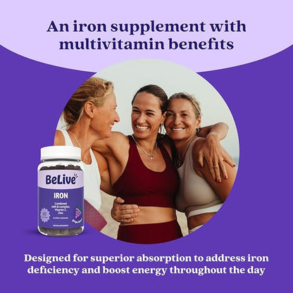 BeLive Iron Gummies - Multivitamin Supplement with Vitamin C, A, B & Zinc, Supports Blood Oxygen, Vegan Iron Supplements for Women, Men & Kids for Growth and Development - Grape Flavor | 1-Pack