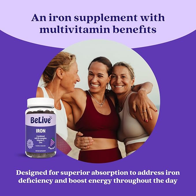BeLive Iron Gummies - Multivitamin Iron Supplement with Vitamin C, A, B & Zinc, Supports Blood Oxygen, Vegan Supplements for Women, Men & Kids for Growth and Development - Grape Flavor | 5-Pack