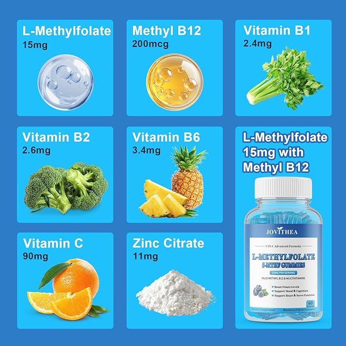 2 Pack L-Methylfolate 15mg Gummies with Methyl B12, Folate 5-MTHF Supplement for Mood, Brain Health, Cognition & Immunity, Sugar Free, Vegan, Non-GMO, 120 Count