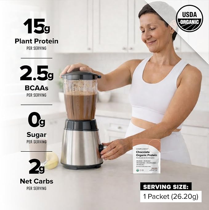 Complement Vegan Chocolate Protein Powder - Organic Protein Low Carb, Low Calorie, Sugar Free, Soy Free, Non-GMO, Gluten Free - 15g Yellow Pea, Pumpkin Seed Protein Powder (1 Serving)