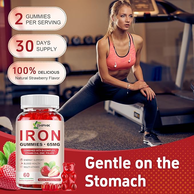 ZHPHK Iron Supplement Gummies, 65mg Iron for Women Men Kids, Natural Vegan Iron Gummy with Folate Gentle on Stomach, Gluten Free, Energy Support & Immune Health, 60 Gummies