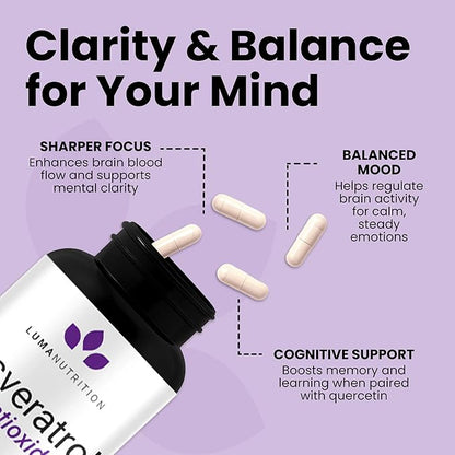 Luma Nutrition High Purity Resveratrol Supplement - 98% Trans-Resveratrol - Antioxidant - Resveratrol Capsules - Vegan & Gluten-Free - 60 Capsules