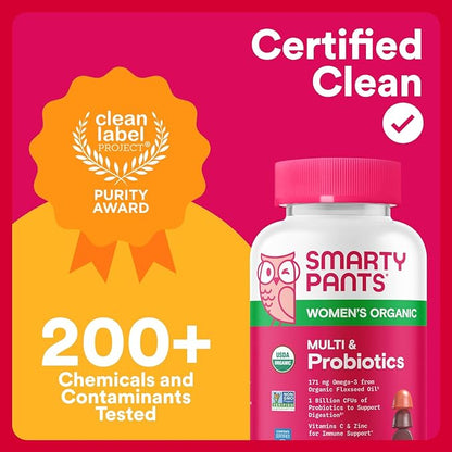SmartyPants Organic Women's Multivitamin Gummies: Biotin,Probiotics,Methylfolate,Omega 3 (ALA),Vitamin D3,C,Vitamin B12,B6,A,K & Zinc,Inositol,Gluten Free,(30 Day Supply),120 Count (Pack of 2)