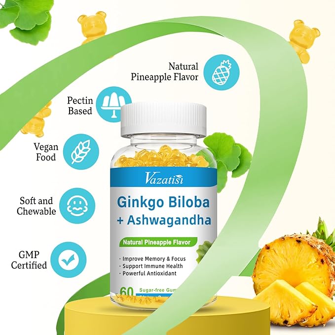 240MG Ginkgo Biloba Gummies | 60 Gummies | Improve Mood and Focus, Brain Health| Pineapple Flavor | Vegan, Non-GMO, Gluten Free Supplement