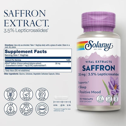 SOLARAY Saffron Extract - Sleep and Positive Mood Support - Vegan and Gluten Free Saffron Supplements - Lab Verified - 60-Day Guarantee - 30 Servings, 30 VegCaps