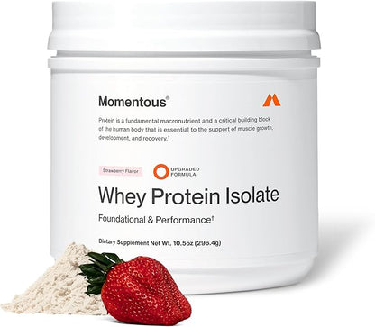 Momentous Essential Grass-Fed Whey Protein Powder - 20 g Whey Isolate Protein - NSF Certified for Sport - Gluten-Free - 12 Servings for Essential Everyday Use - Strawberry - Package May Vary