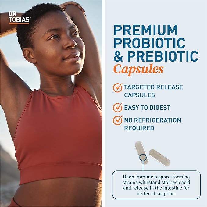 Dr. Tobias Deep Immune Probiotics & Prebiotics - Dual Action Digestion & Immune Support with PreforPro Prebiotics & Delayed Release Spore Forming Probiotics for Women & Men - 60 Capsules (30 Servings)
