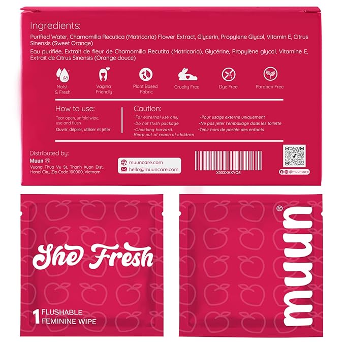 Muun Feminine Wipes Flushable - 50 Counts Individual Vaginal Wipes Ph Balance, Anti Itch Deodorant Hygiene Wrapped Personal Cleansing, Wet Wipes for Intimate, Butt
