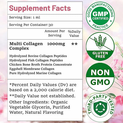 Multi Collagen Peptides Liquid Drop Organic Hydrolyzed Collagen Complex w. Biotin, Vitamin C & Hyaluronic Acid, Liquid Collagen Types I, II, III, IV, V for Hair, Skin, Nails & Joint Health