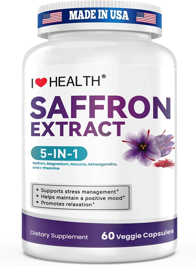 Saffron Supplement – 88.5mg with Magnesium Glycinate, Ashwagandha & L-Theanine for Stress Relief, Calm Mood & Emotional Balance – Made in USA – 60 Capsules