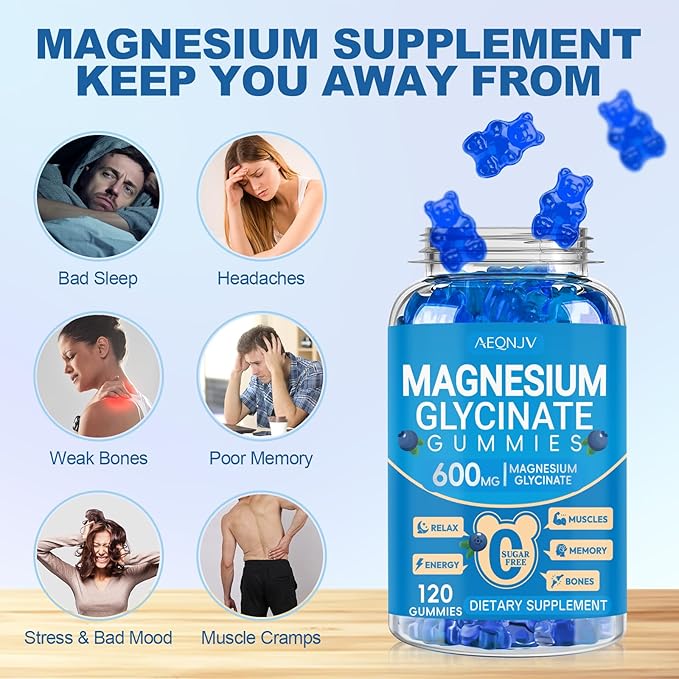 Magnesium Glycinate Gummies 600mg, Chewable Sugar Free Potassium Magnesium Gummies, Vitamin D, B6, and CoQ10 for Calm Support & Sleep for Adults, 60 Days Supply, 2 Pack