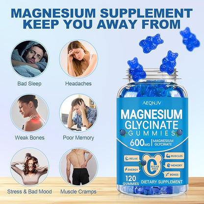 Magnesium Glycinate Gummies 600mg, Chewable Sugar Free Potassium Magnesium Gummies with Manganese Glycinate, Vitamin D, B6, and CoQ10 for Calm Support & Sleep for Adults, 60 Days Supply
