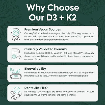 Organics Ocean Better D3 + K2-100% Organic VIT D3 and K2 Supplements with Maximum Bioavailability - Supports Bone Density, Calcium Balance, Immunity & Mood - 1-Pack, 30-Day Supply