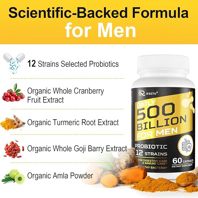 Probiotics for Men, 500 Billion CFUs & 12 Strains Mens Probiotic with Turmeric Cranberry, Goji, Gut Health for Men, for Digestive Health, Gut, Bloating & Gas, Immune, Energy Support, 120-Day Supply
