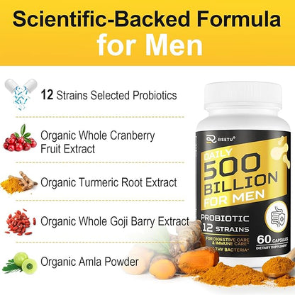 Probiotics for Men, 500 Billion CFUs & 12 Strains Mens Probiotic with Turmeric Cranberry, Goji, Gut Health for Men, for Digestive Health, Gut, Bloating & Gas, Immune, Energy Support, 120-Day Supply