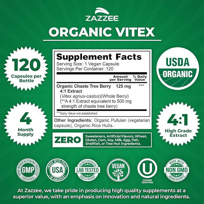 Zazzee USDA Organic Vitex 4:1 Extract, 120 Vegan Capsules, 4 Month Supply, Chaste Berry, Hormonal Balance & Cycle Support for Women, Certified Kosher, Vitex Agnus-Castus, Non-GMO, Made in the USA