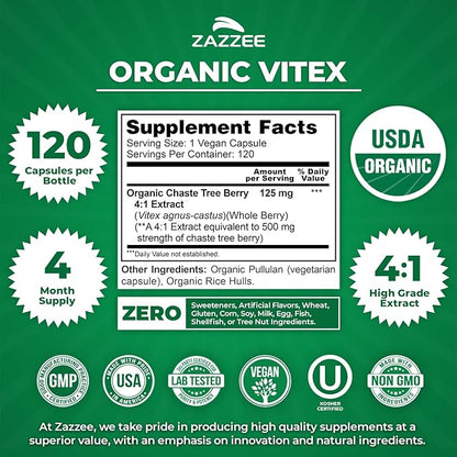Zazzee USDA Organic Vitex 4:1 Extract, 120 Vegan Capsules, 4 Month Supply, Chaste Berry, Hormonal Balance & Cycle Support for Women, Certified Kosher, Vitex Agnus-Castus, Non-GMO, Made in the USA