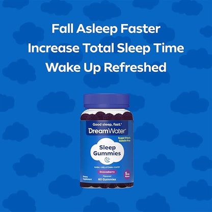 Dream Water Sleep Gummies (60 Count) Sleep Aids for Adults - 5mg Melatonin, GABA, 5-HTP - Natural Snoozeberry Flavor (Blue Raspberry) - Easy Chew Melatonin Gummies - Sugar Free, Gluten Free, Vegan