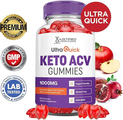 Justified Laboratories (3 Pack Ultra Quick Keto ACV Advanced Formula 1000MG Apple Cider Vinegar Formulated with Pomegranate Beet Juice Powder B12 Vegan Non GMO 180 Gummies