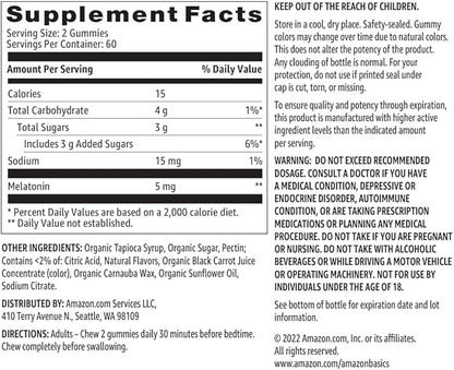 Amazon Basics Melatonin 5mg, Strawberry (Previously Solimo) 120 Gummies (2 per Serving) (Pack of 2)